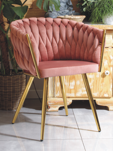 Welurowe krzesło glamour ROSA | różowa plecionka, złoty stelaż
