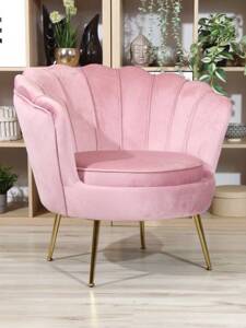 Welurowy fotel muszelka VIDAL | różowa tapicerka, złote nóżki