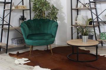 Welurowy fotel muszelka VIDAL | zielona tapicerka, złote nóżki
